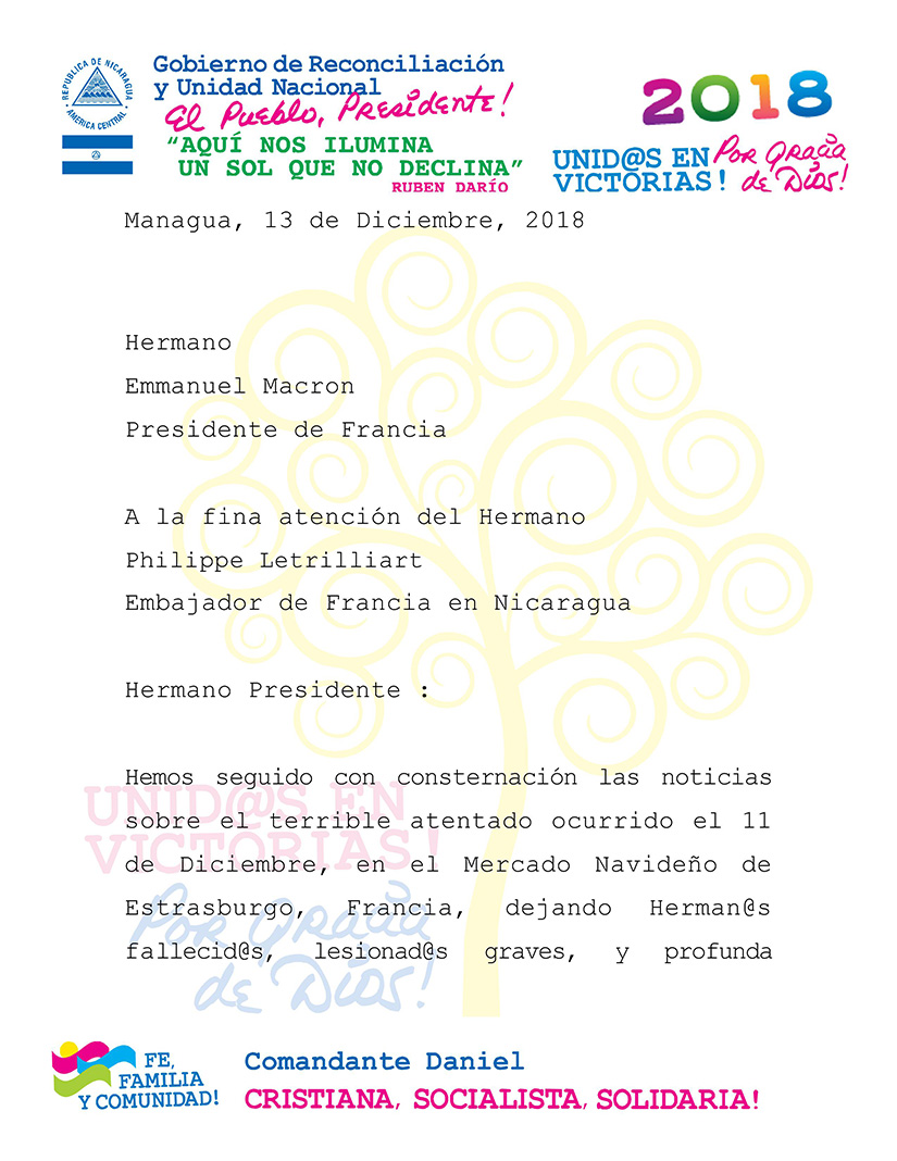 Nicaragua envía mensaje de solidaridad al presidente de Francia ante atentado en el Mercado Navideño de Estrasburgo