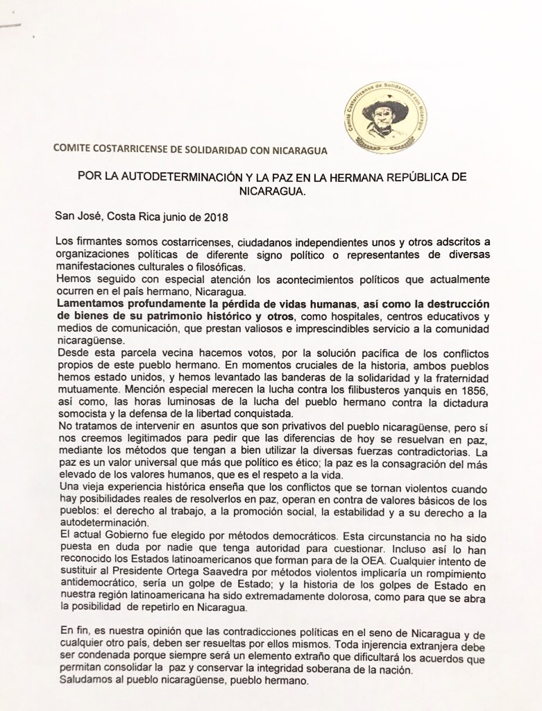 Comité Costarricense de Solidaridad con Nicaragua se pronuncia a favor de la paz