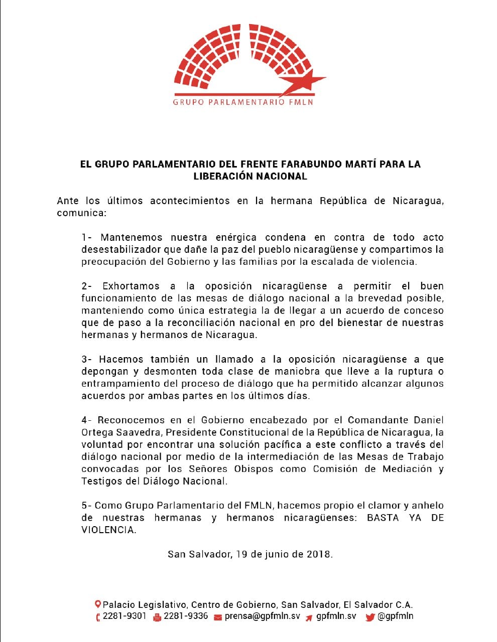 Grupo parlamentario del FMLN respalda continuación del Diálogo en Nicaragua