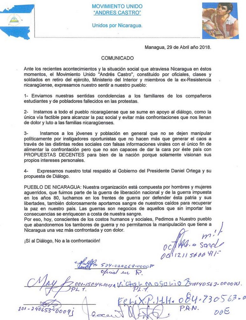 FUAC emite respaldo al Comandante Daniel Ortega