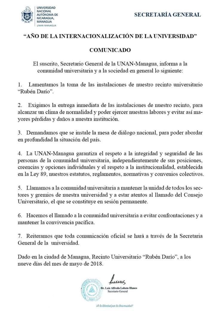 Autoridades de la UNAN-Managua exigen entrega de las instalaciones del recinto "Rubén Darío"