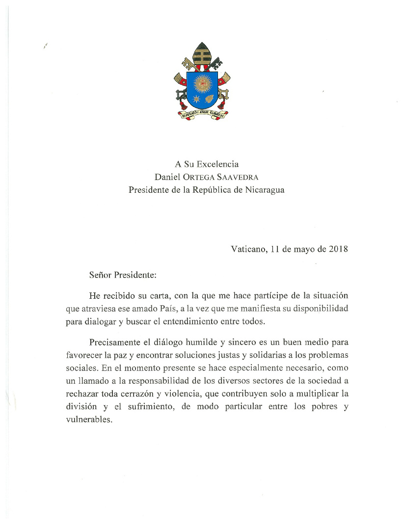 Carta del Papa Francisco al Presidente Daniel Ortega