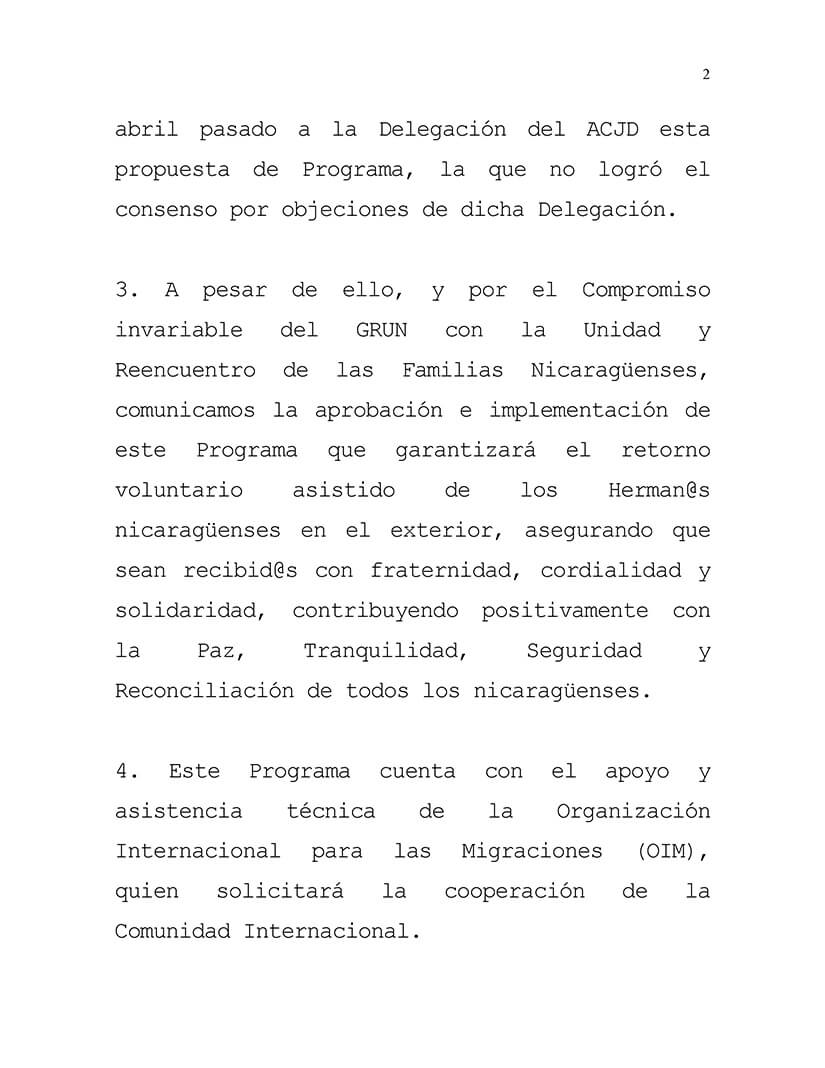 Comunicado del Gobierno de Nicaragua y programa sobre el retorno voluntario asistido de los nicaragüenses en el exterior