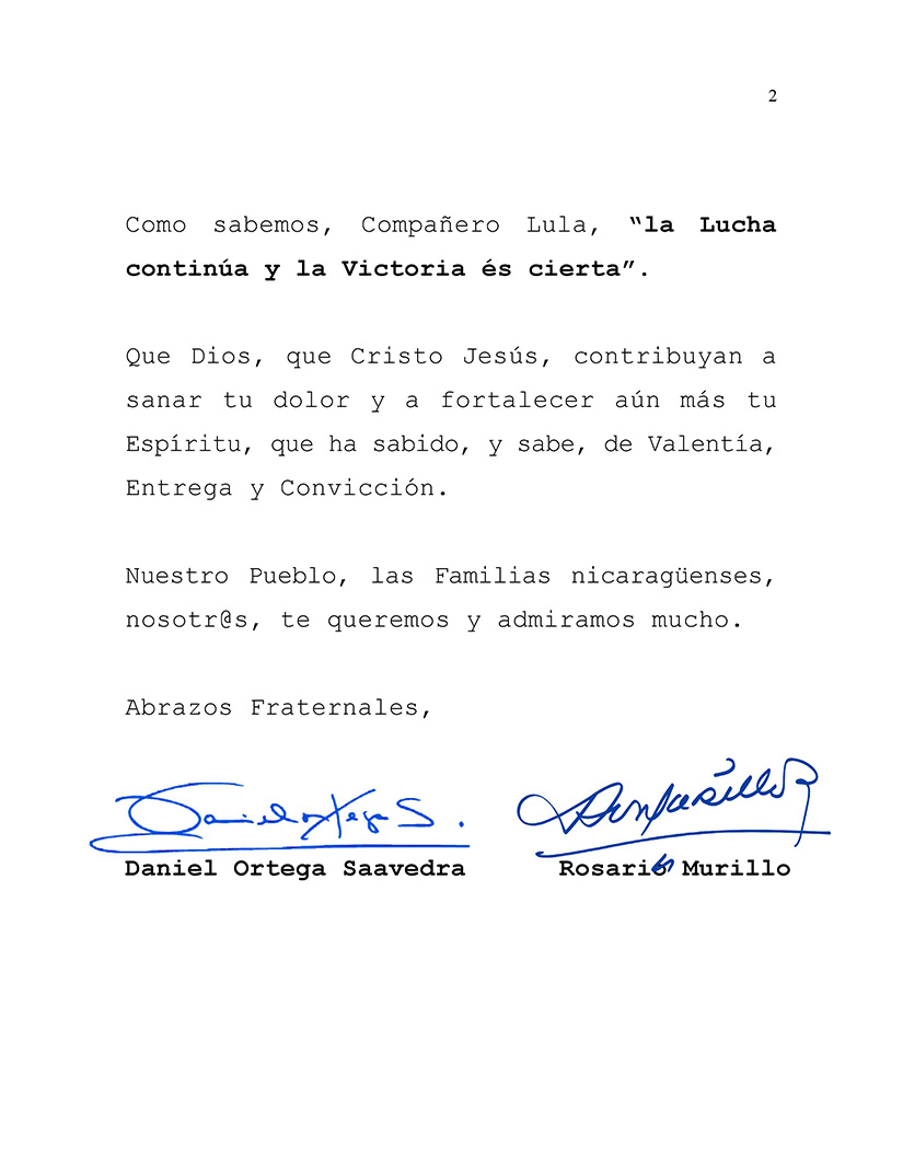 Comandante Daniel y compañera Rosario envían mensaje de condolencias a Lula da Silva