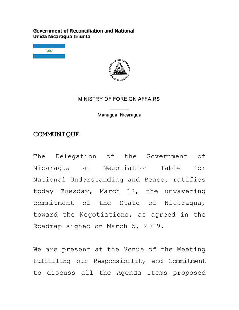 comunicado del gobierno de nicaragua ante la mesa de negociación