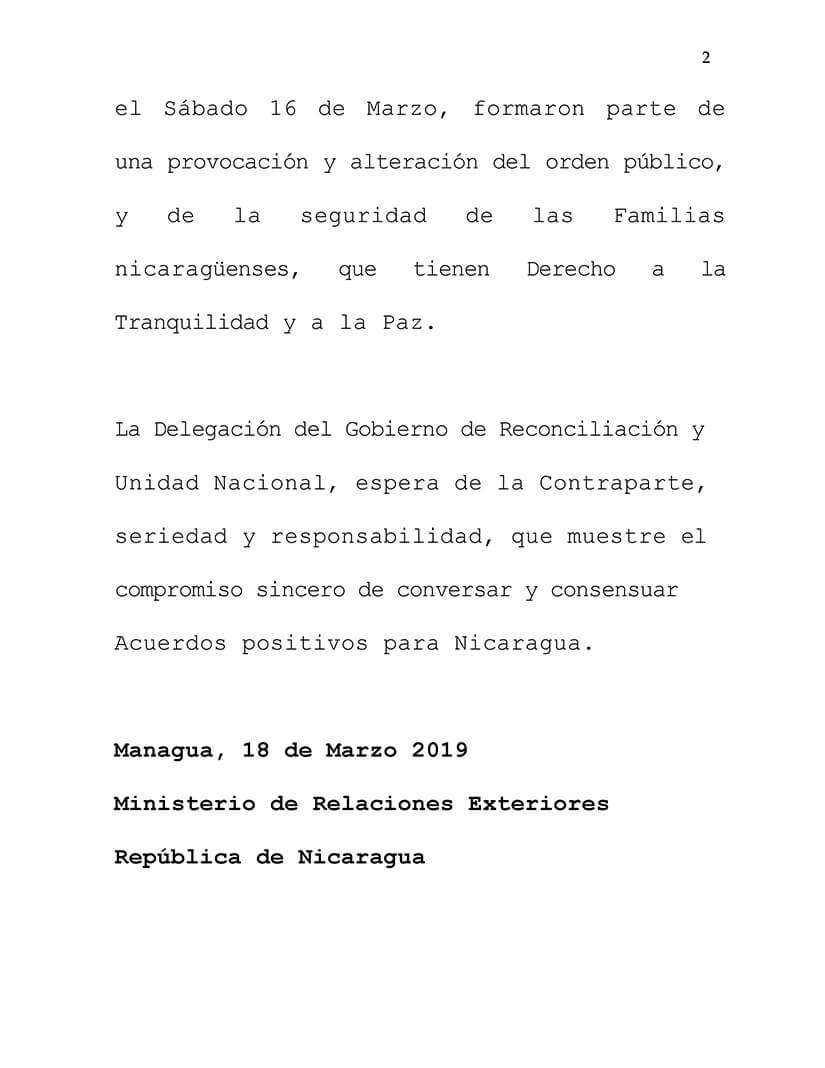 Comunicado de la Delegación del Gobierno de Reconciliación y Unidad Nacional de Nicaragua ante la Mesa de Conversaciones