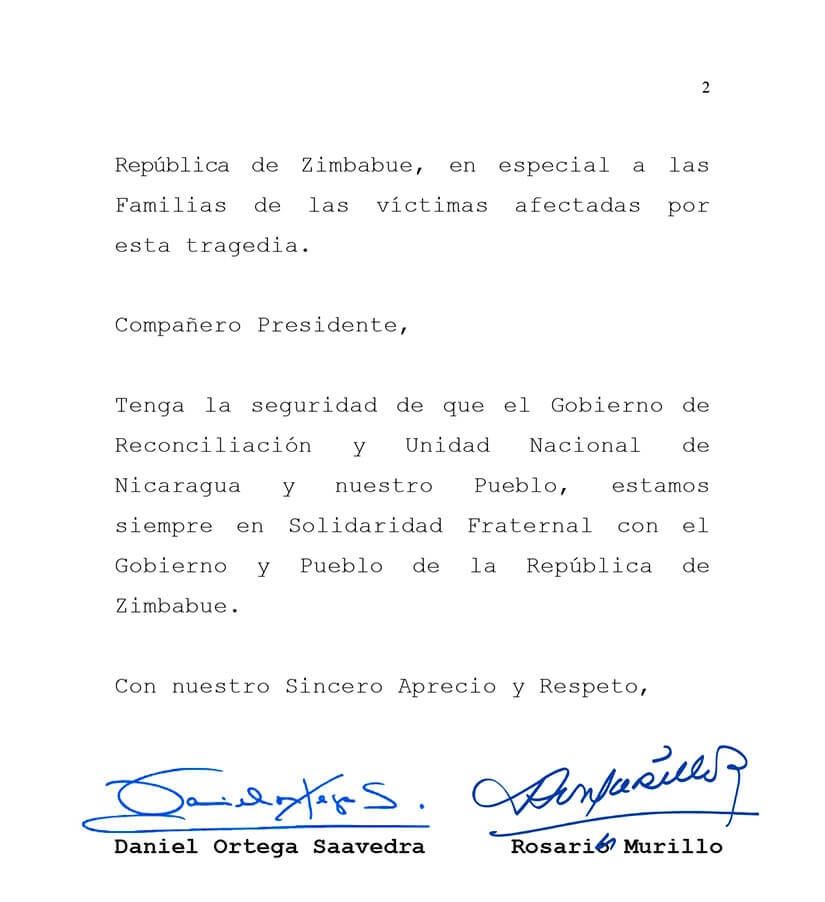 nota de condolencias de Nicaragua a Zimbabue