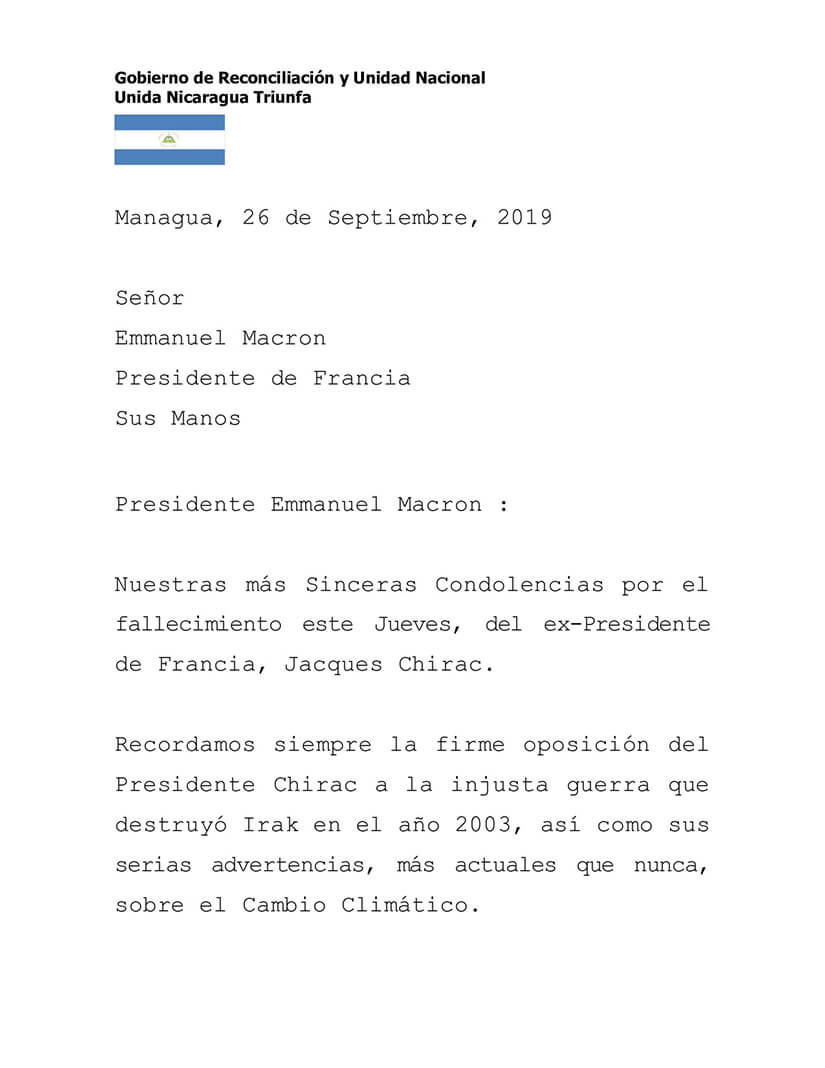 mensaje-gobierno-de-nicaragua-a francia-por-muerte-jacques-chirac