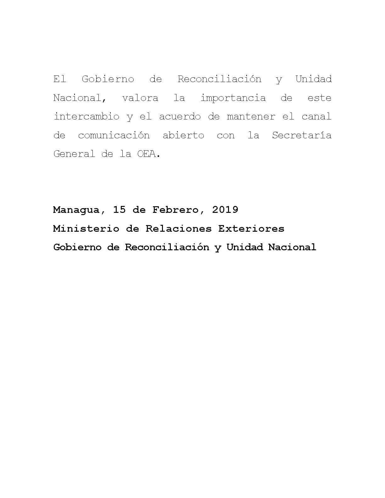 Nota del Gobierno de Nicaragua