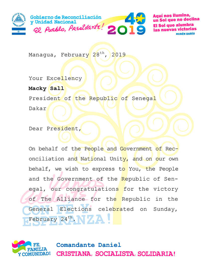 Gobierno de Nicaragua saluda victoria del Partido Alianza por la República en elecciones generales de Senegal