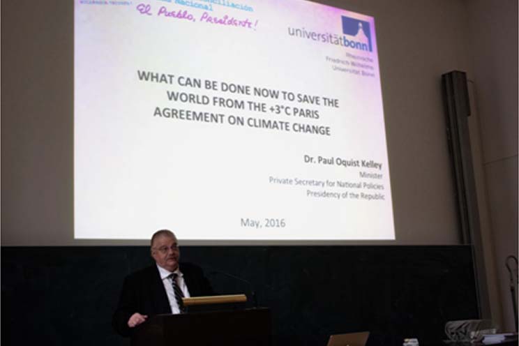 Ministro Paul Oquist dicta conferencia magistral sobre Cambio Climático en prestigiosa universidad alemana