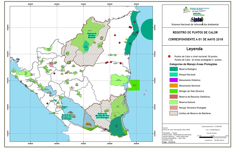 Nicaragua registra 18 puntos de calor este primero de mayo