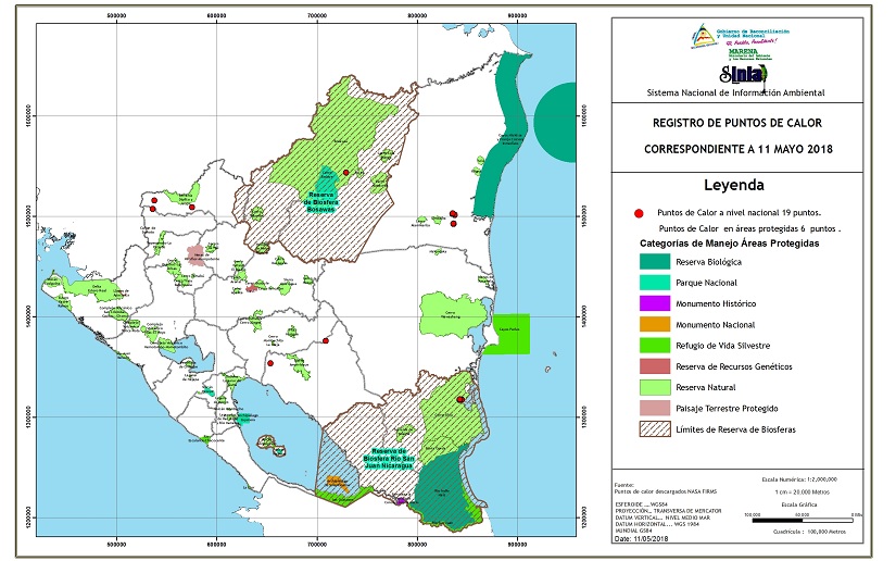 19 puntos de calor registra Nicaragua en las últimas horas