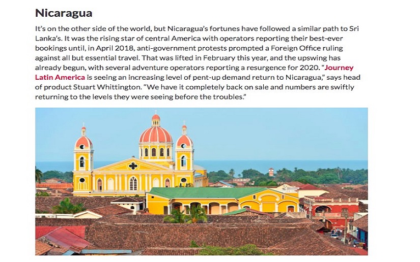 Nicaragua un destino clave para 2020 según la revista británica Travel Weekly