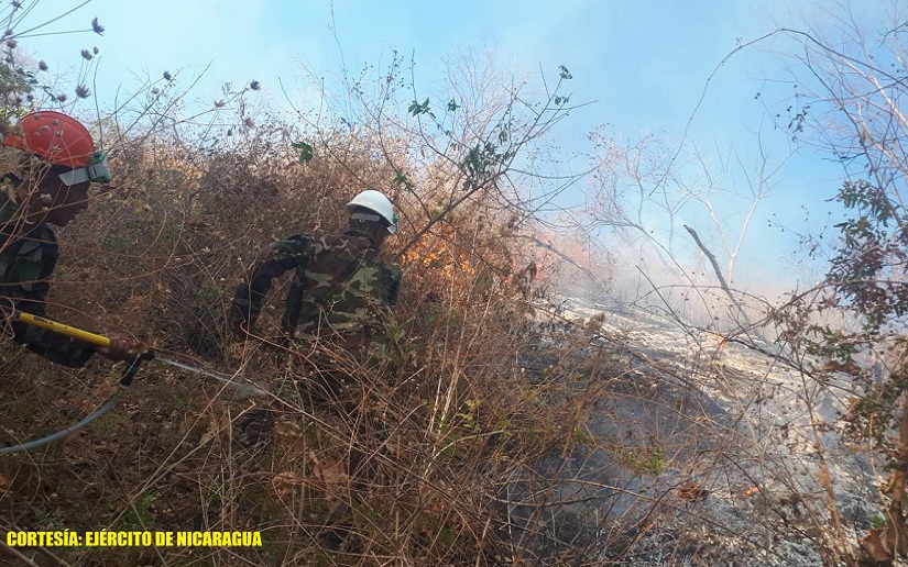 Ardua tarea del Ejército de Nicaragua para sofocar incendio forestal en San Rafael del Sur