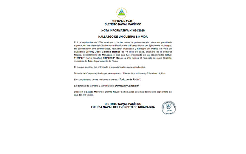 Fuerza Naval informa sobre hallazgo de cuerpo sin vida en Playa Gigante