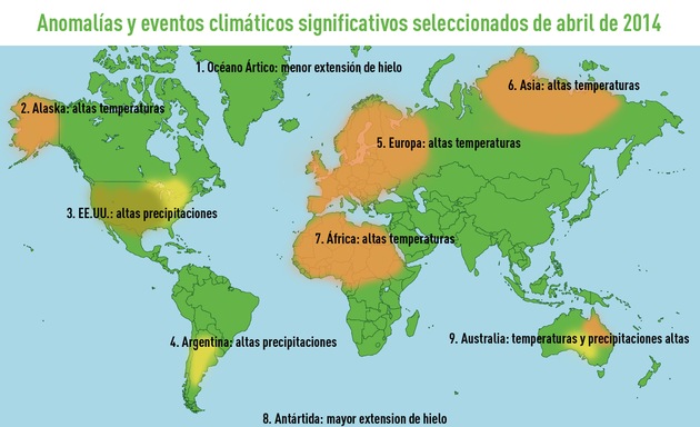 Mapa: Anomalías climáticas mundiales del abril de 2014, el más caluroso de la historia