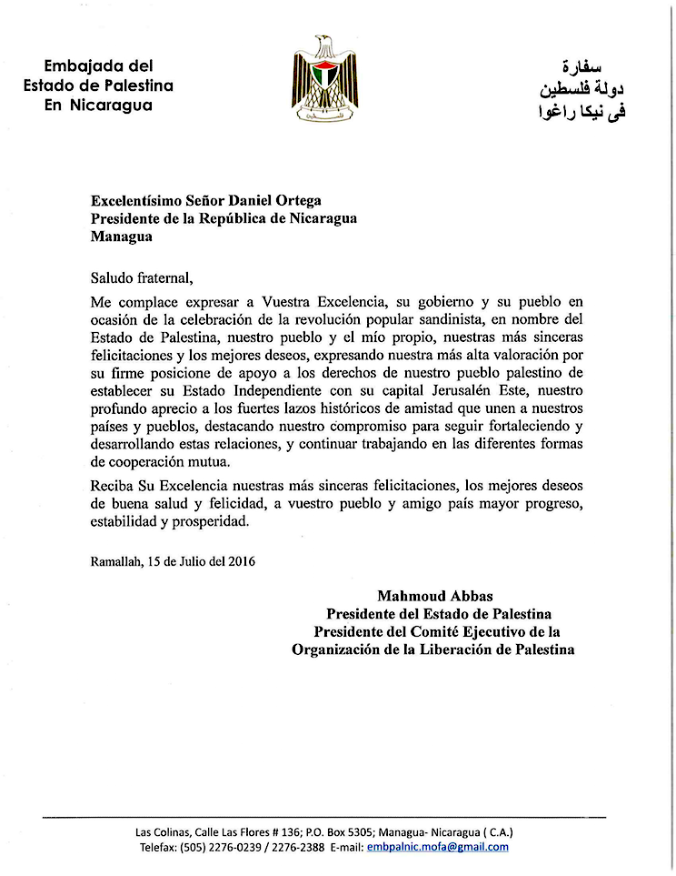 Saludo Palestina a Revolución Sandinista