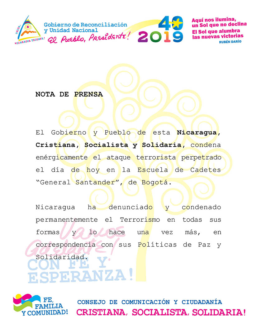 Nicaragua condena ataque terrorista en Escuela de Cadetes “General Santander”,de Bogotá