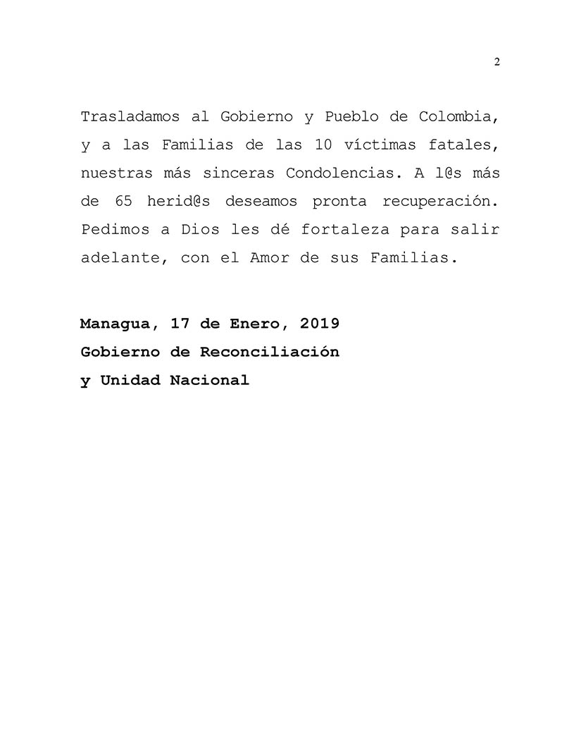 Nicaragua condena ataque terrorista en Escuela de Cadetes “General Santander”,de Bogotá
