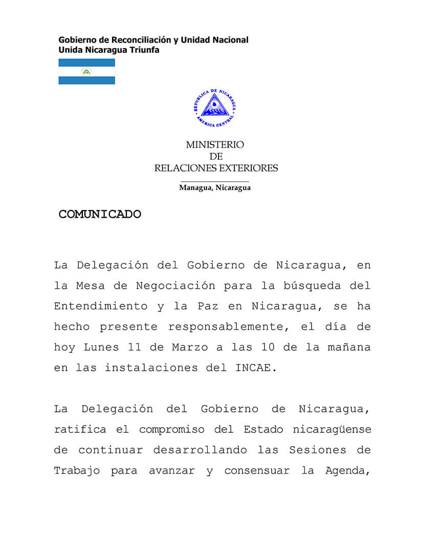 comunicado del gobierno de nicaragua en la mesa de negociación