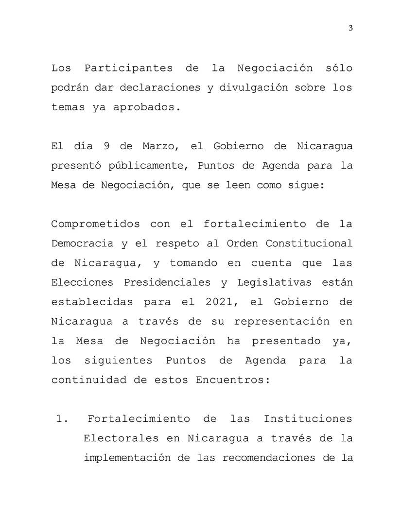 comunicado del gobierno de nicaragua en la mesa de negociación