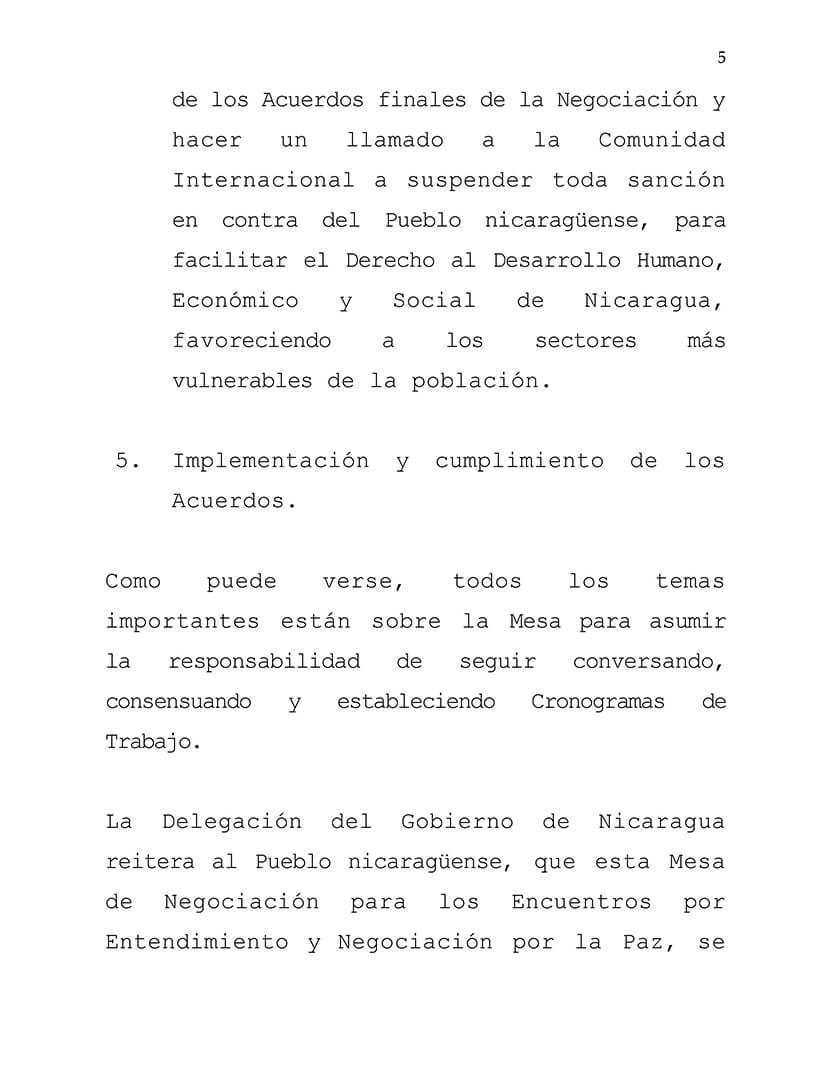 comunicado del gobierno de nicaragua en la mesa de negociación