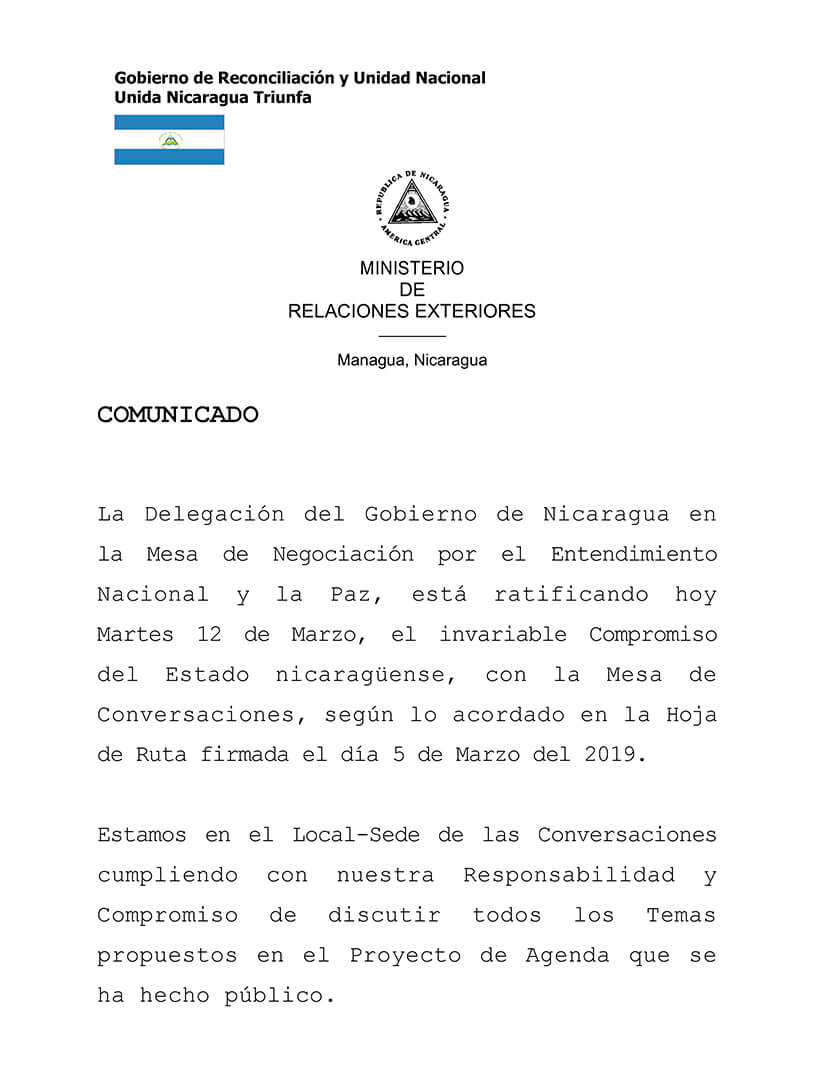 comunicado del gobierno de nicaragua ante la mesa de negociación