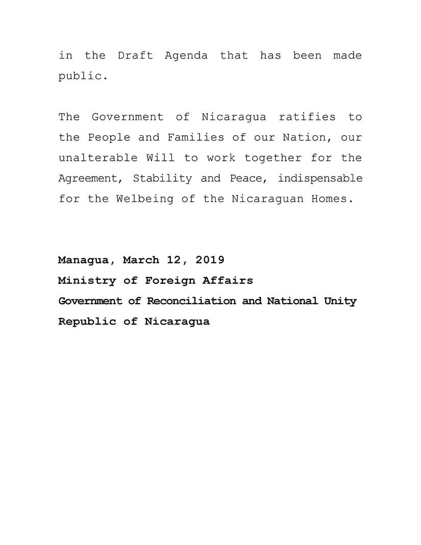 comunicado del gobierno de nicaragua ante la mesa de negociación