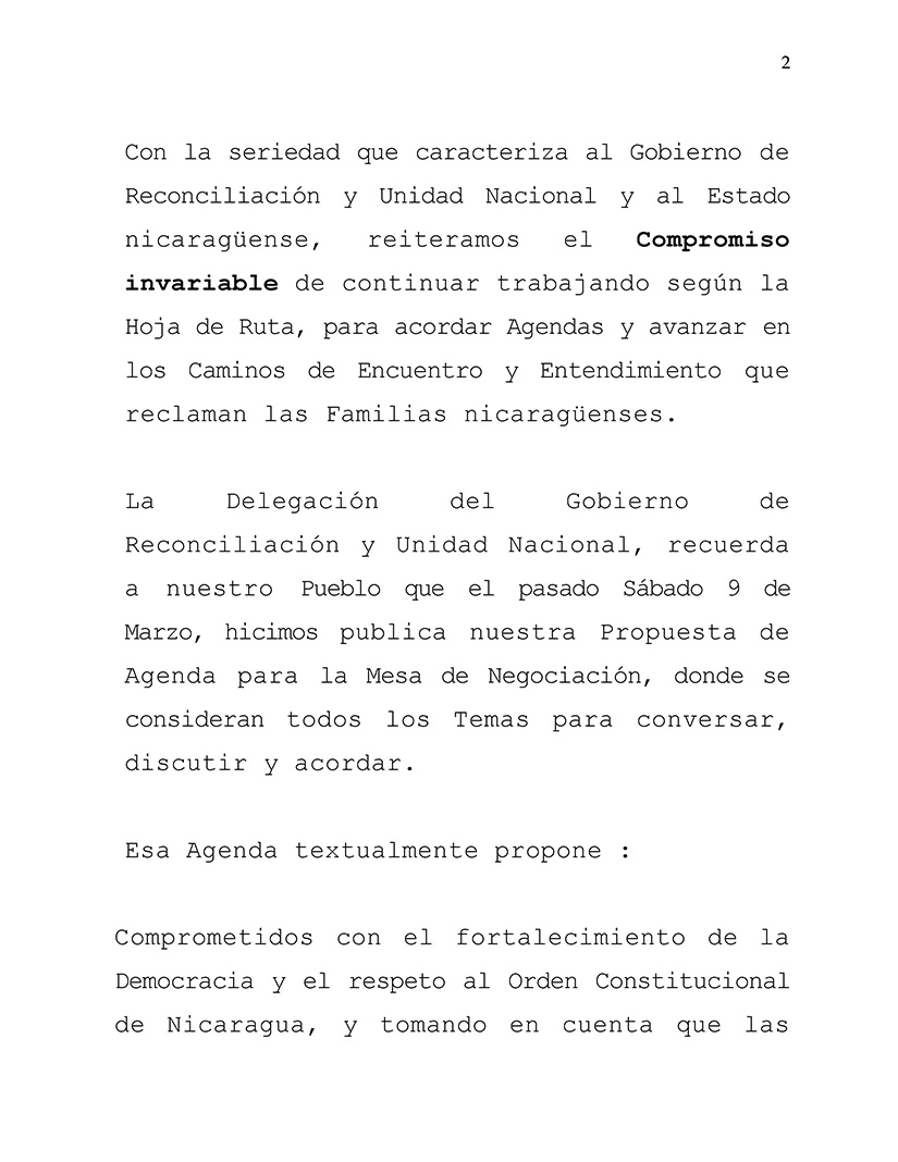 comunicado gobierno de nicaragua mesa de negociacion