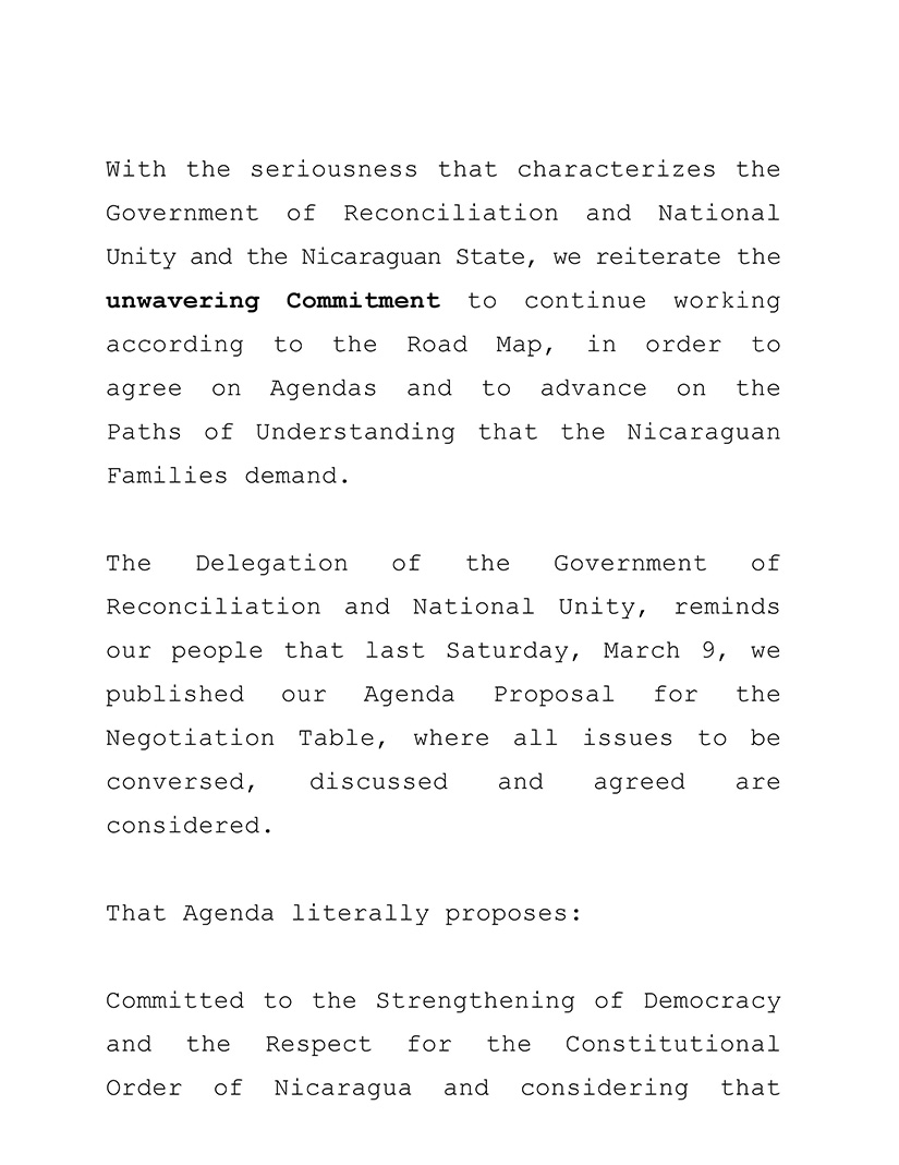 comunicado gobierno de nicaragua
