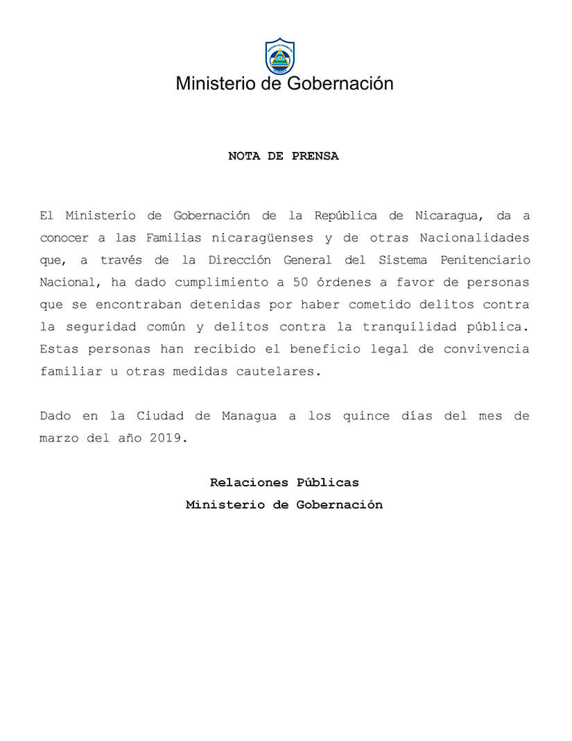 la Dirección General del Sistema Penitenciario Nacional, ha dado cumplimiento a 50 órdenes a favor de personas que se encontraban detenidas por haber cometido delitos contra la seguridad común y delitos contra la tranquilidad pública